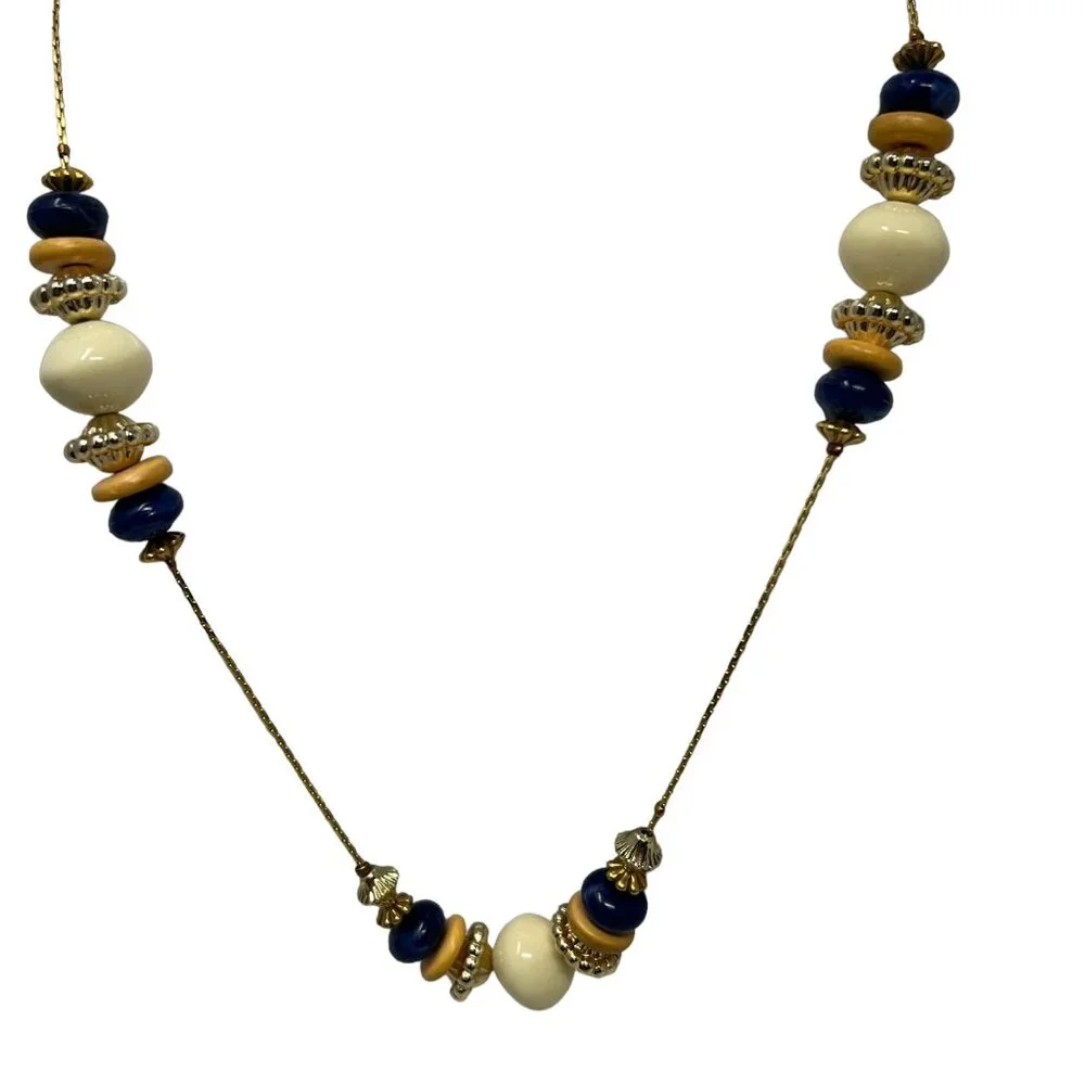 Beaded‎ Necklace Gold Tone Chain Blue White Blue Yellow Beads